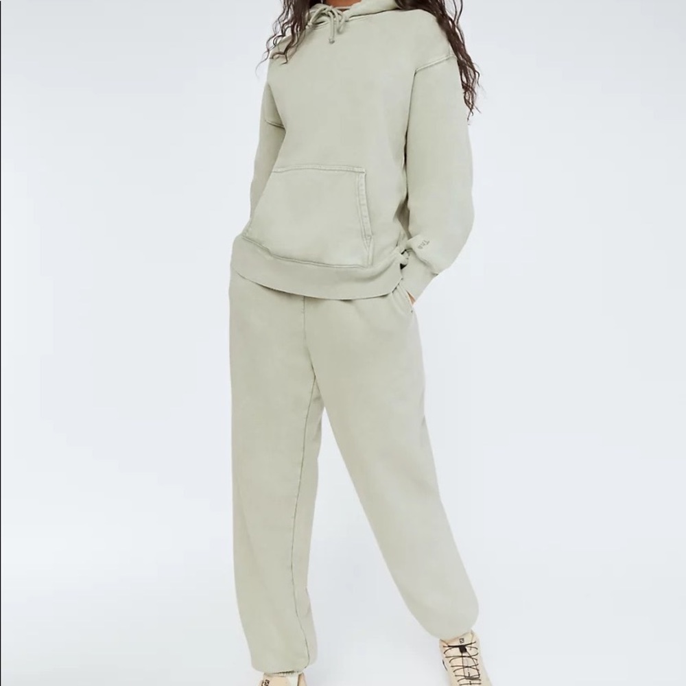 Aritzia TNA cozy fleece perfect hoodie and boyfriend sweatpant in dusky green